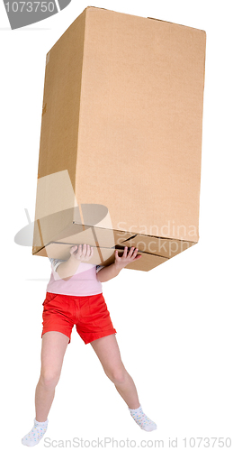 Image of Girl holding very heavy brown cardboard box