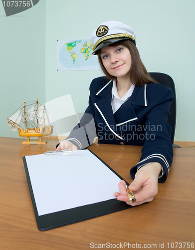 Image of Girl in a sea uniform with tablet