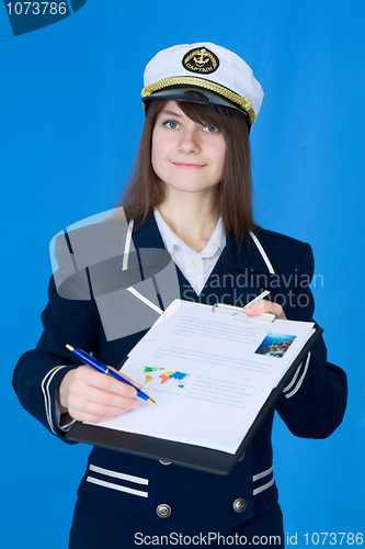 Image of Girl in sea uniform with tablet