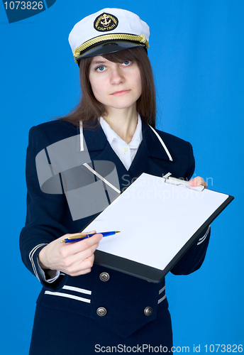 Image of Woman in sea uniform with tablet