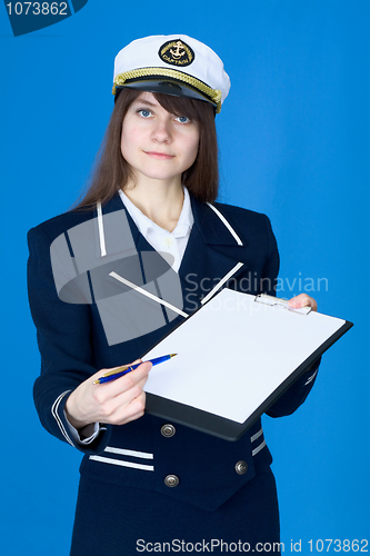 Image of Woman in sea uniform with tablet