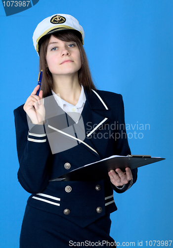 Image of Girl in sea uniform with tablet