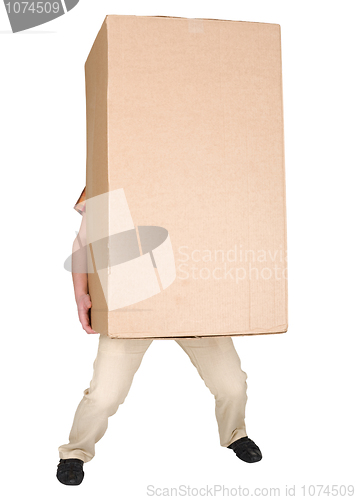 Image of Man holding very heavy brown cardboard box