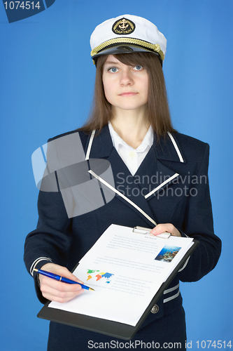 Image of Girl in sea uniform with tablet