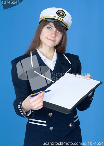 Image of Woman in sea uniform with tablet