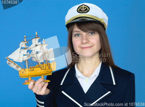 Image of Portrait of the woman in a sea cap with the ship