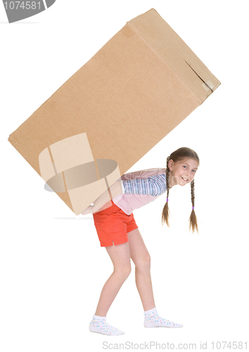 Image of Girl bears the big heavy cardboard box