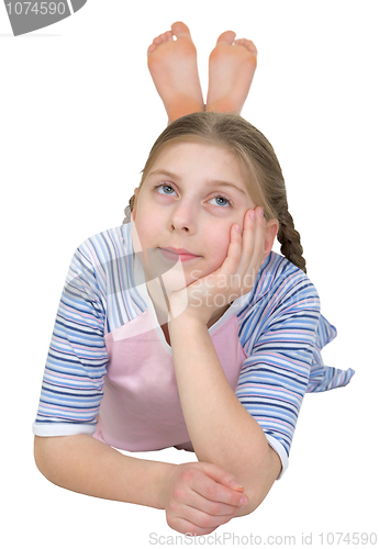 Image of Girl in a T-shirt lies on a white