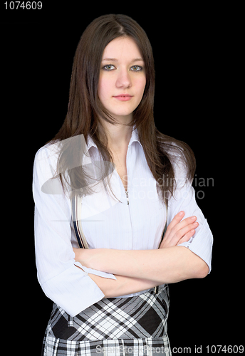 Image of Girl in a white shirt and on black background