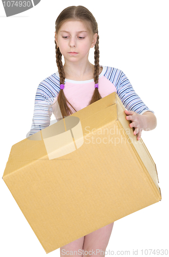 Image of Girl holds the big cardboard box