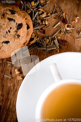 Image of cup of herbal tea and some fresh cookies 