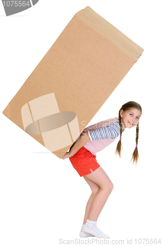 Image of Girl holding heavy cardboard box