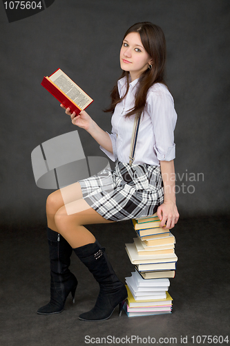 Image of Beauty sits on pile of books