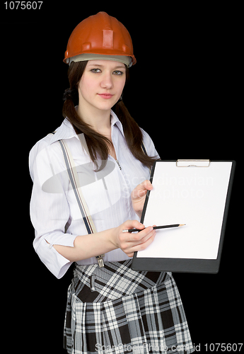 Image of Beautiful girl in a helmet with tablet and pencil