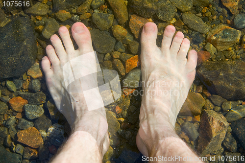 Image of bare feet on shoal of lake