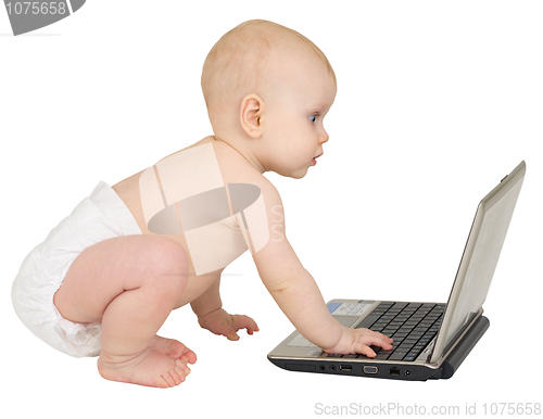 Image of Baby on a white background with laptop