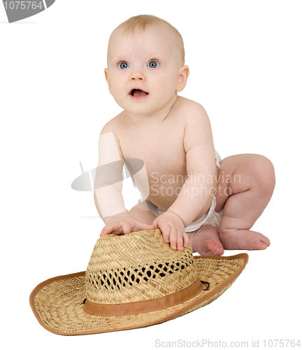 Image of Baby on a white background with straw hat