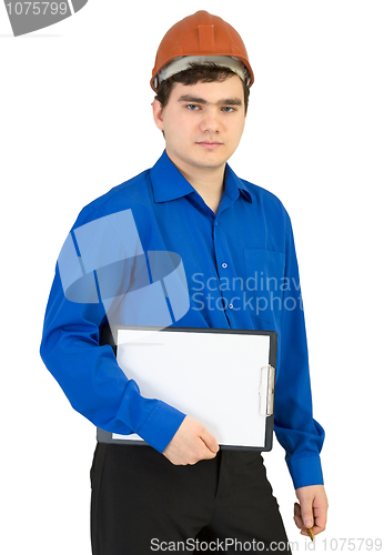 Image of Young man in a helmet with a tablet