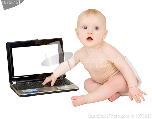 Image of Baby with the laptop isolated on white