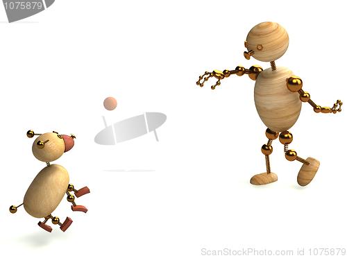 Image of Wood man playing with dog ball