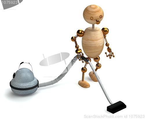 Image of wood man with a vacuum cleaner