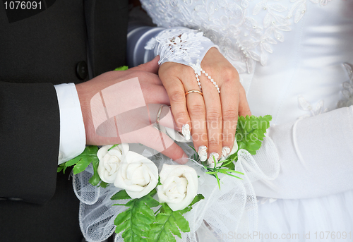 Image of Male and female hands with wedding rings