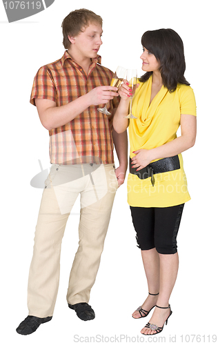 Image of Girl and the guy drink champagne on a white background