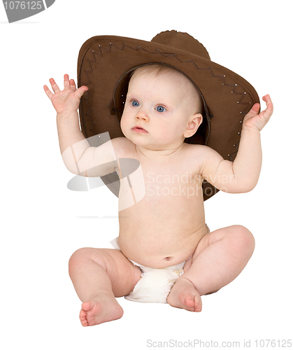 Image of Baby with cowboy hat isolated on white