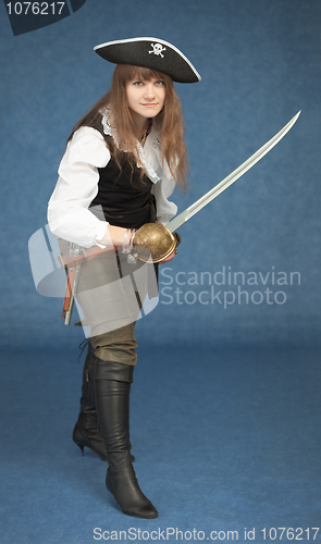 Image of Pirate girl with sword rush to the attack on blue