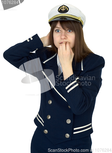 Image of Scared girl - sea captain on a white background