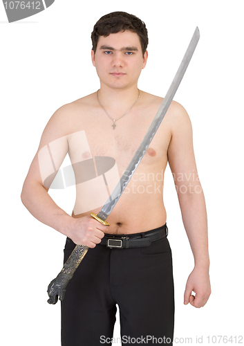 Image of Guy with katana in hand on white background