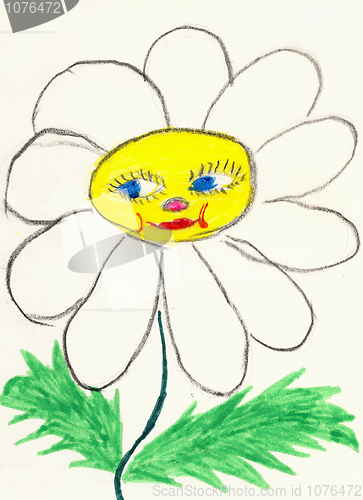 Image of Naive drawing on paper made the child - chamomile flower with fa