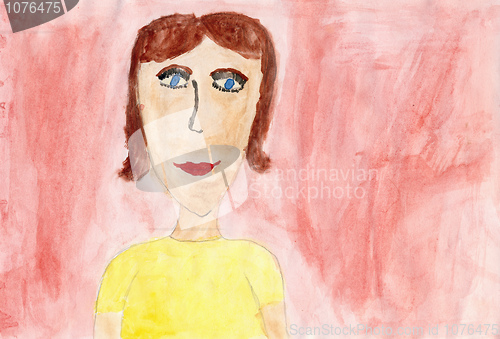 Image of Children drawing on a paper - portrait of mother