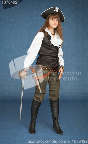 Image of Pirate girl with sabre on blue background