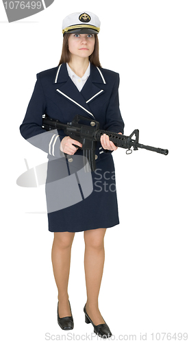 Image of Girl in uniform of the seaman with rifle in hands