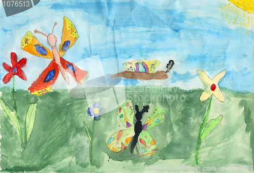 Image of Children drawing on a paper - butterflys
