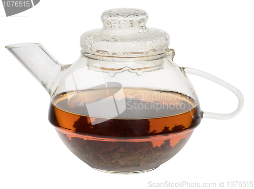 Image of Transparent glass teapot with tea on white background