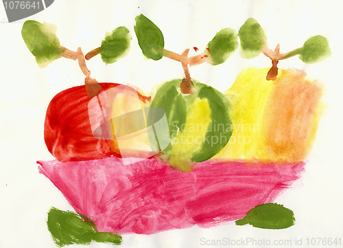 Image of Child has drawn vase with apples - still-life