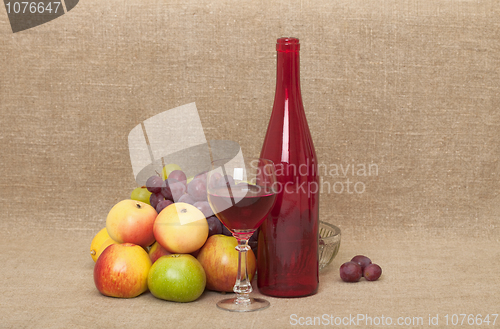 Image of Still-life on canvas - red glass bottle, glass, apples and grape