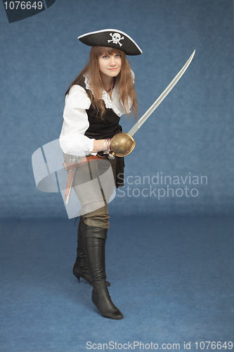 Image of Sea pirate of a female with sabre on blue background