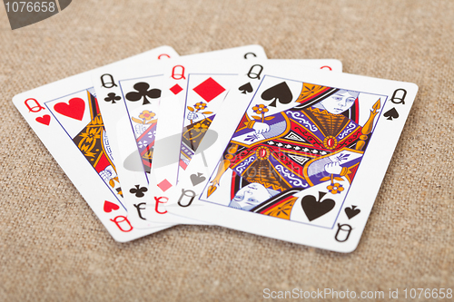 Image of Four playing cards - queens on canvas