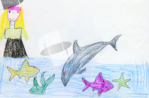 Image of Drawing made child - Girl, fishes and dolphin