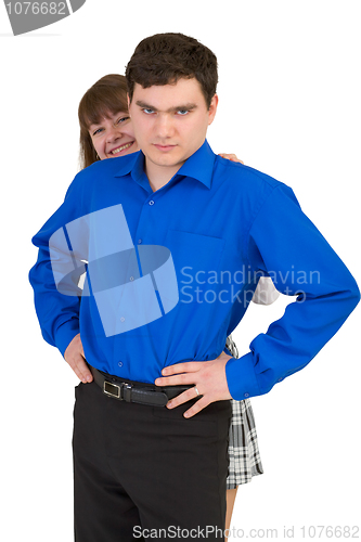 Image of Young man protects the woman