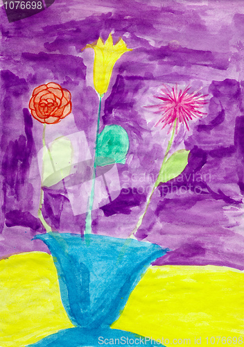 Image of Drawing made child - Flowers in vase on violet background