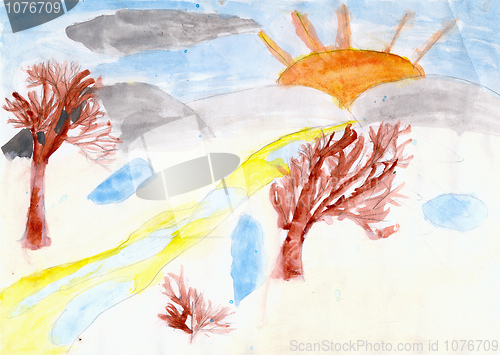 Image of Trees and the sun drawn by children hand on paper