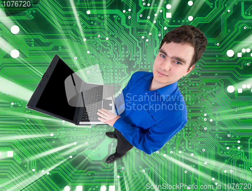 Image of People with laptop on electronic green background