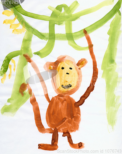 Image of Drawing made child - Monkey and green lianas