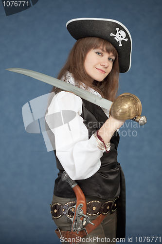 Image of Sea pirate of a female with sabre on blue background