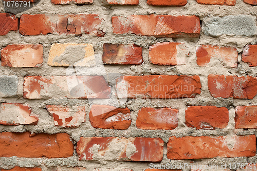 Image of Brick wall of red color with cracks and stains