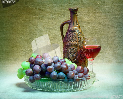 Image of Still-life from grapes, bottle and glass of wine